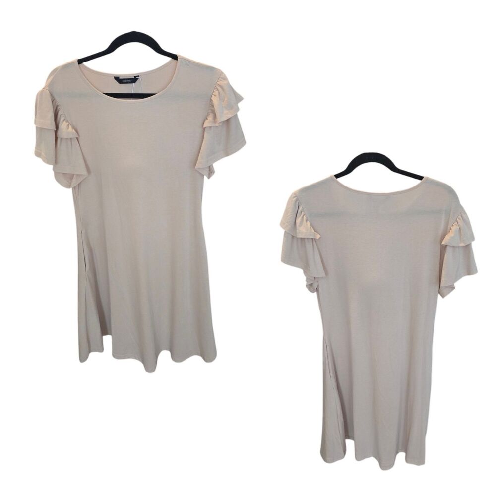 Taupe Beige Ruffle Sleeve Dress Size L Soft Stretch Side Pockets - Picture 2 of 7